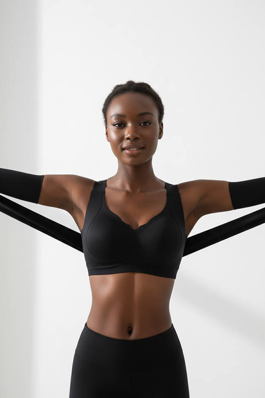 Beautiful woman in black shapewear with arm sleeves