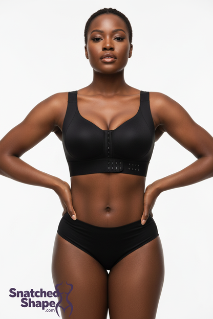 Model wearing black sports bra with SnatchedShape logo